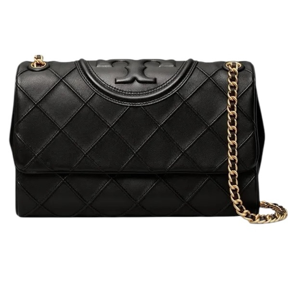 Tory Burch Fleming Black Diamond Quilted Leather Purse Gold Chain – Excellent